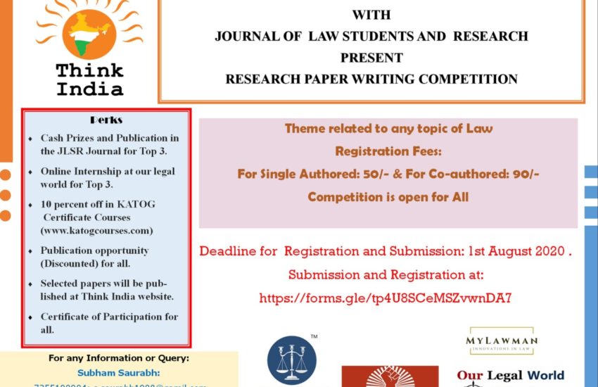 RESEARCH PAPER WRITING COMPETITION BY THINK INDIA HIMACHAL PRADESH IN COLLABORATION WITH JOURNAL FOR LAW STUDENTS AND RESEARCHERS
