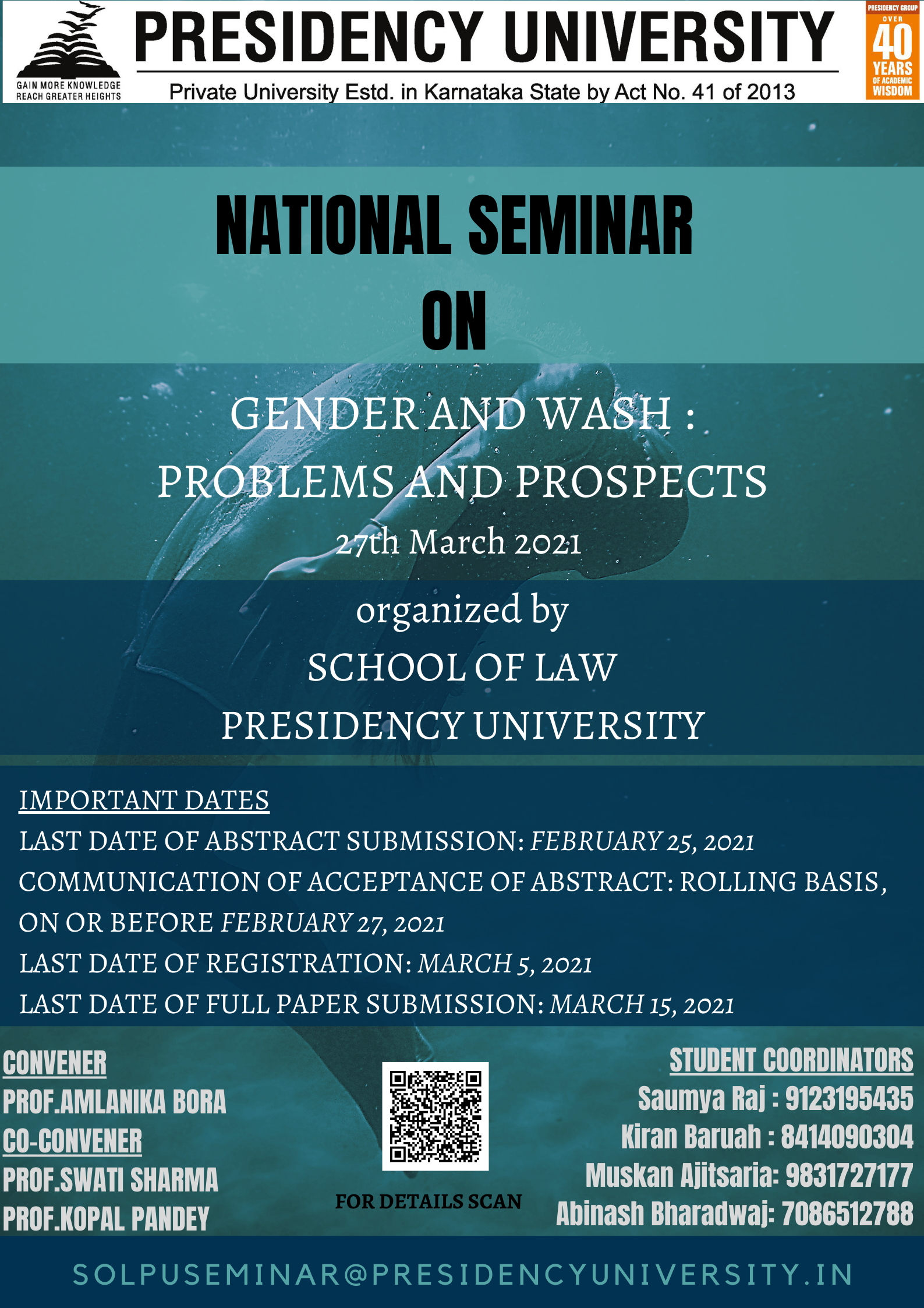 National Seminar on “Gender and Wash: Problems and Prospects” on March 27, 2021, by Presidency University.