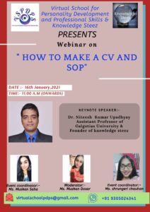 Webinar on “How to Write A CV and SOP” on 16 January 2021