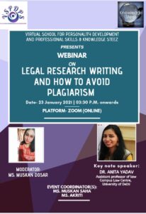 Webinar on “Legal Research Writing and How to avoid plagiarism” on 23rd January 2021