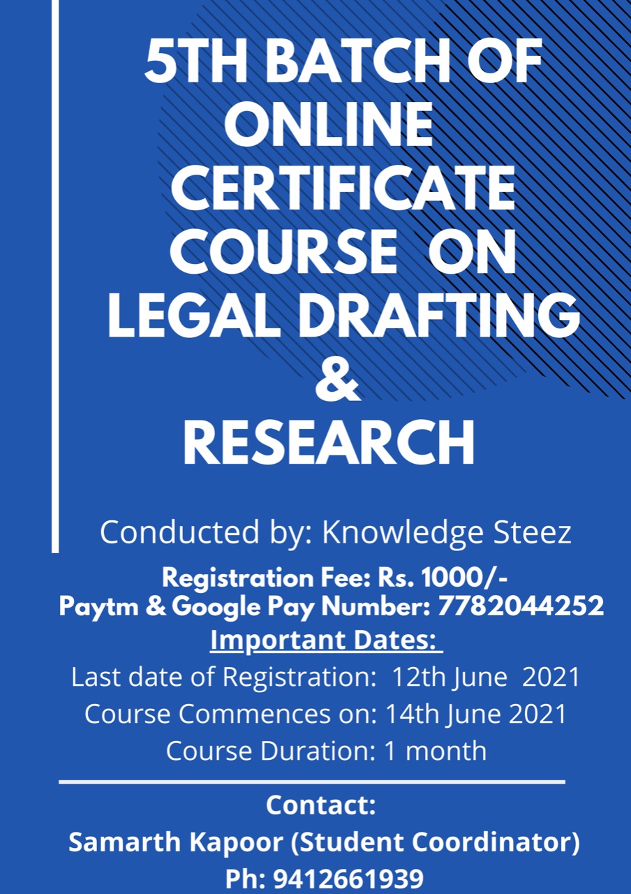 Certificate Course on Legal Drafting by Knowledge Steez EduHub LLP (Register by 12th June 2021)
