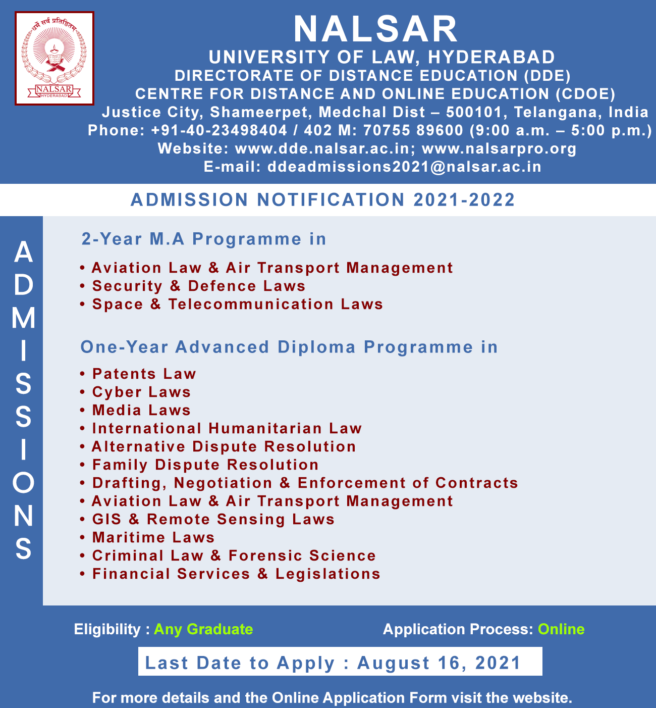 Diploma Programmes and M.A. Programmes by NALSAR