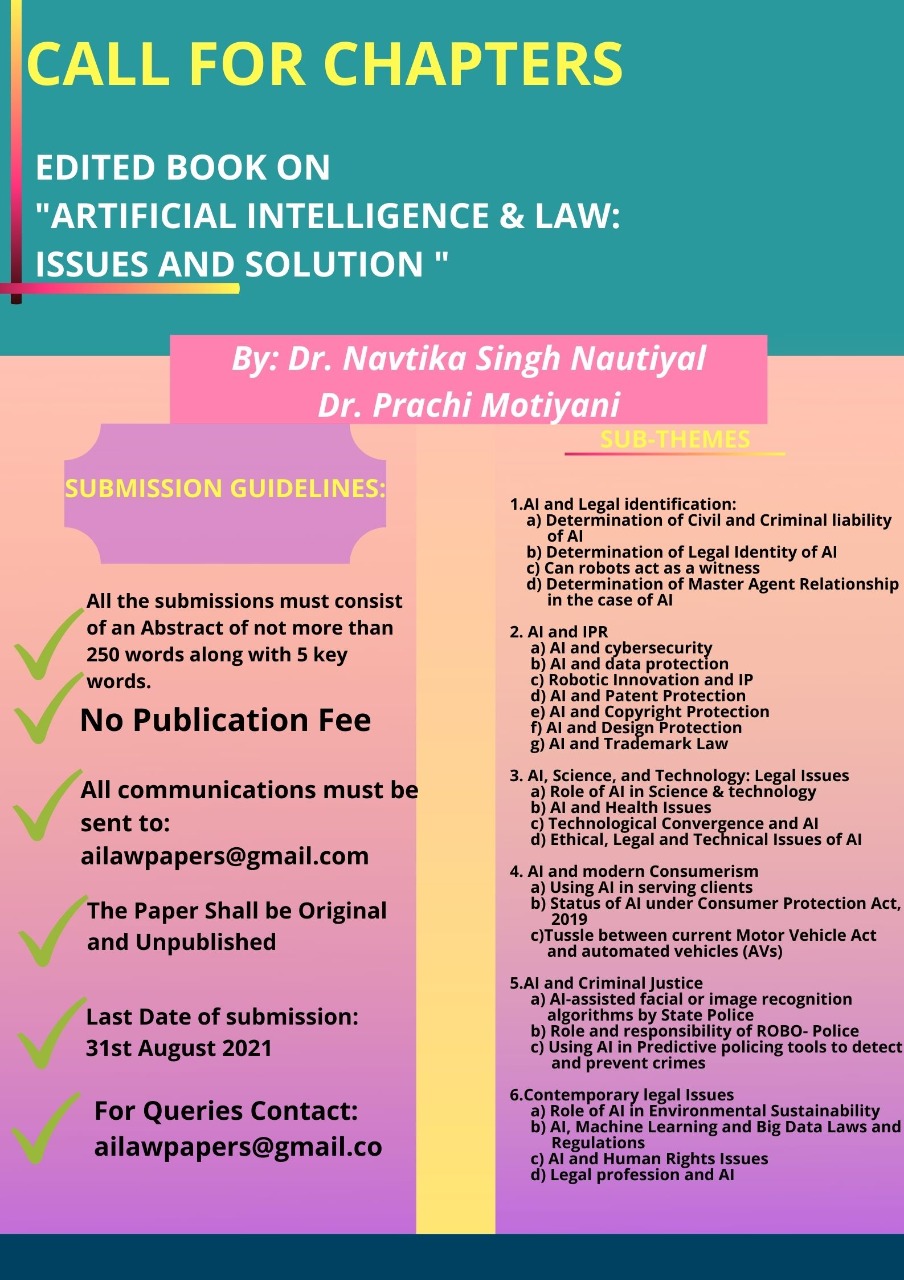 CALL FOR CHAPTERS IN EDITED BOOK ON Artificial Intelligence & Law: Issues and Solution