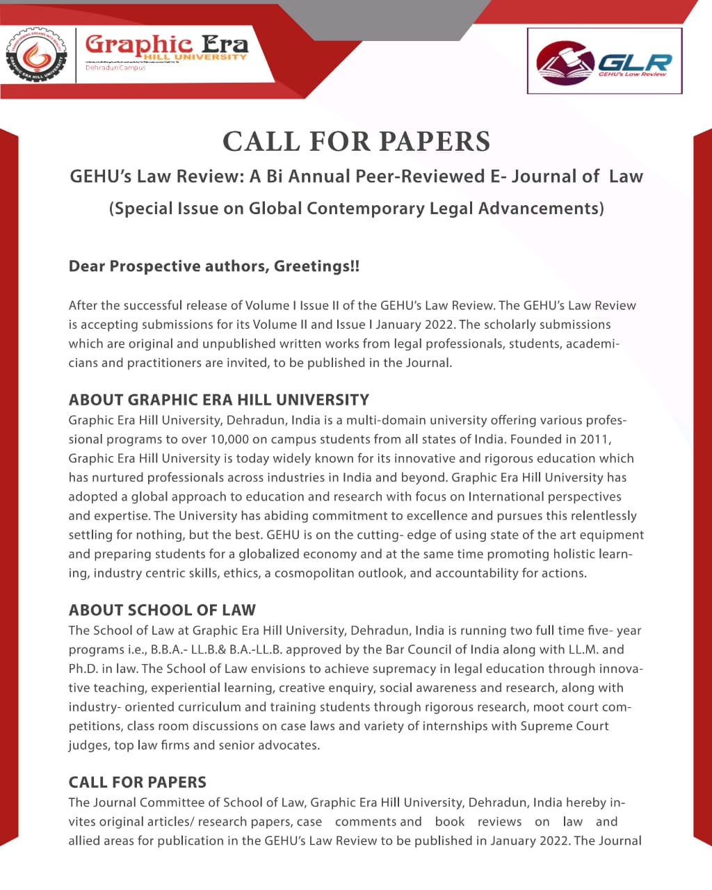 (CALL FOR PAPERS) GEHU’s Law Review: A Bi-Annual Peer-Reviewed E-Journal of Law (Special Issue on Global Contemporary Legal Advancements)