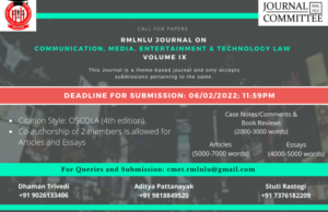 Call for Papers for law students: RMLNLU Journal on Communication, Media, Entertainment & Technology Law [Volume 9]