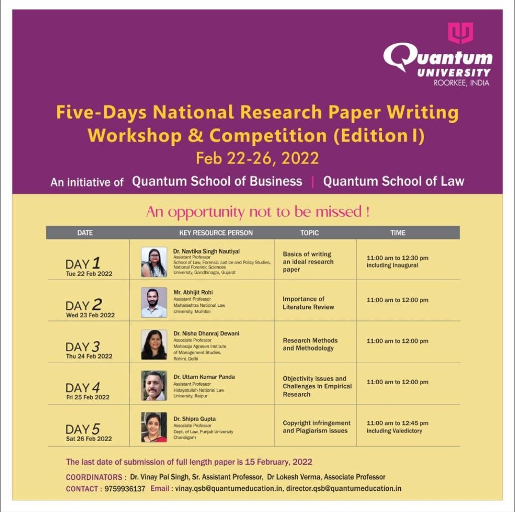 Quantum University, Roorkee- Five days Virtual National Research Paper Writing Workshop And Competition (Edition I)