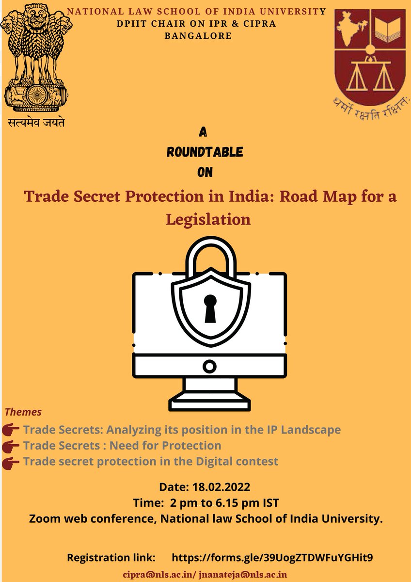 NLSIU:A RoundTable On Trade Secret Protection in India on 18.02.2022