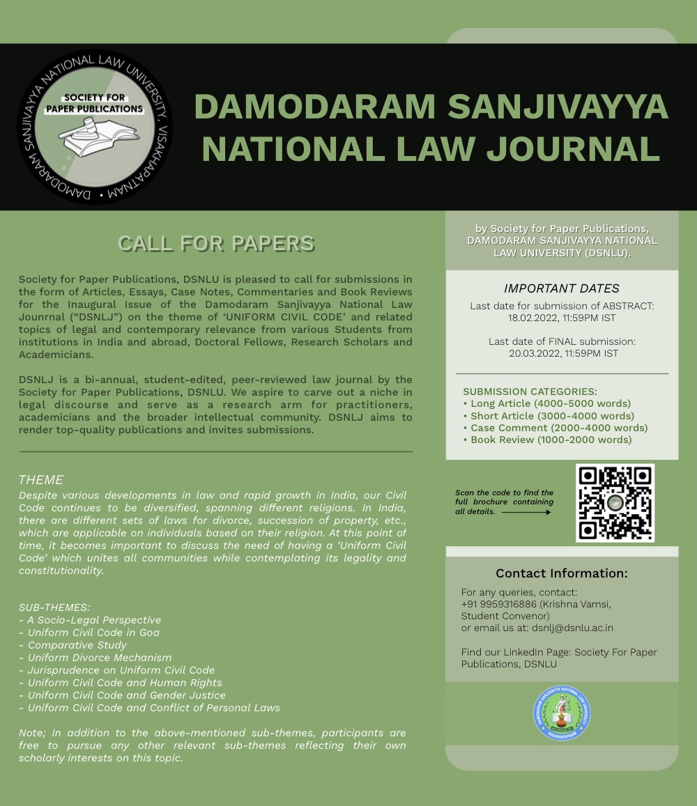 CALL FOR PAPERS: DAMODARAM SANJIVAYYA NATIONAL LAW JOURNAL [DSNLJ]