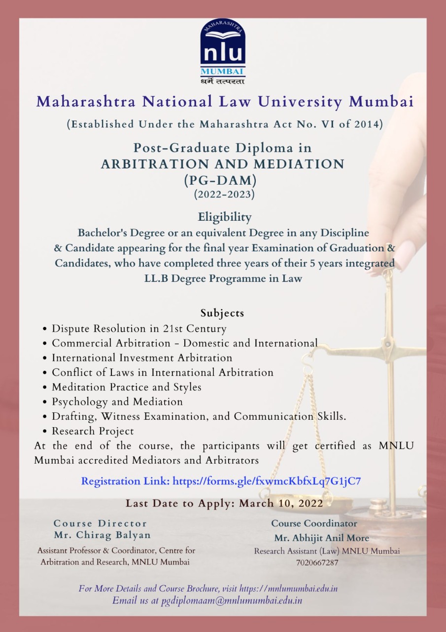 P.G Diploma on Arbitration and Mediation (P.G-DAM 2022-2023) by MNLU Mumbai