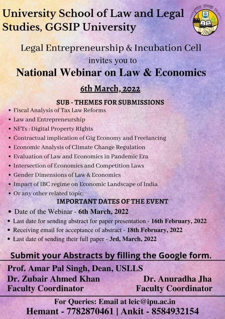 CfP: National Webinar on Law & Economics, by USLLS, GGSIPU [Mar 6]: Submit Abstract by Feb 16