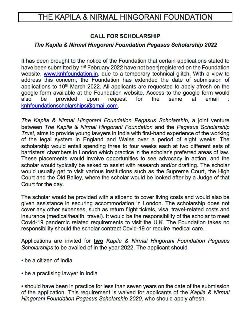 The Kapila & Nirmal Hingorani Foundation Pegasus Scholarship programme