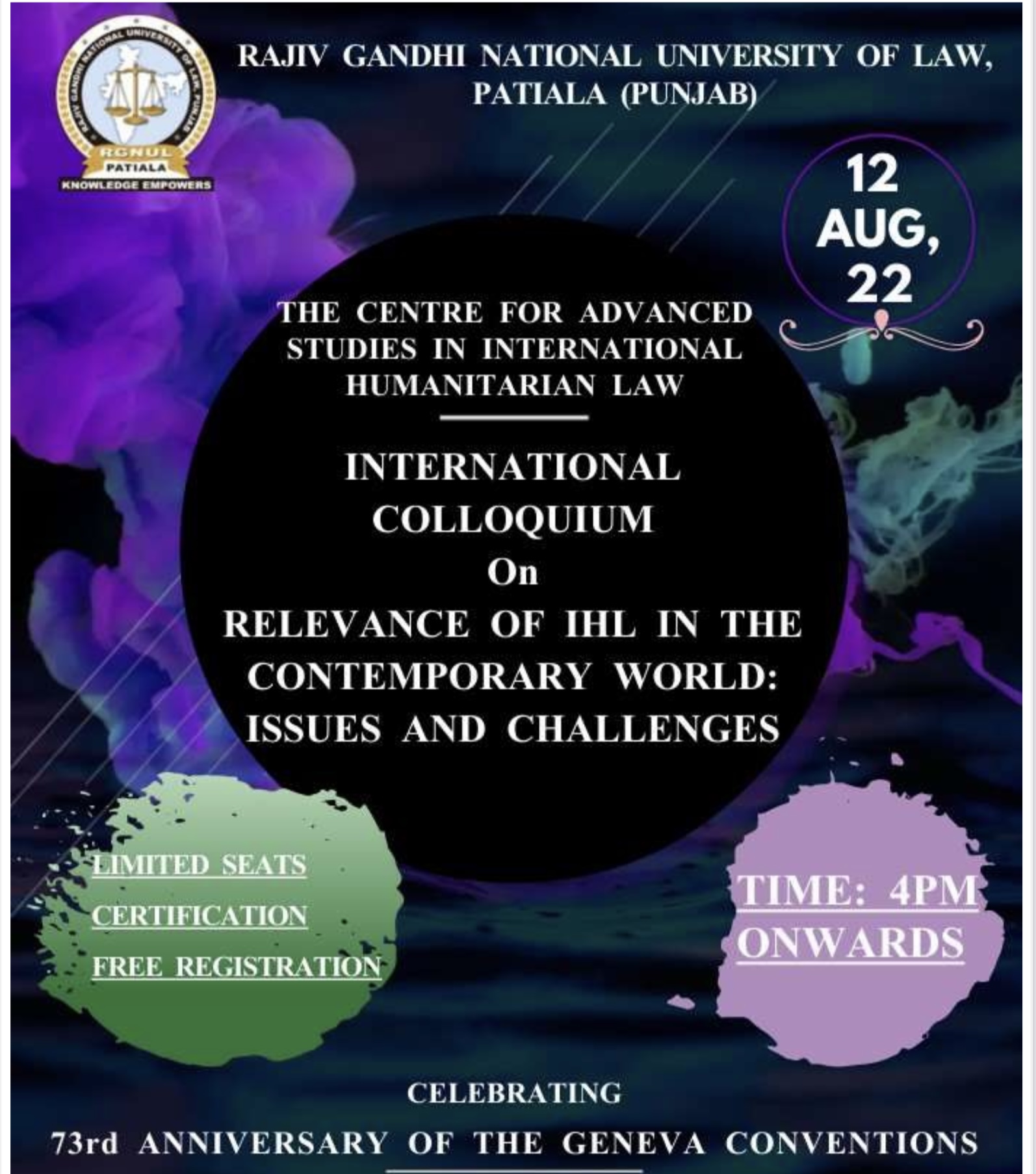 International colloquium on relevance of IHL in the contemporary world by RGNL ,Patiala : August 12