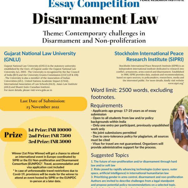 GNLU SIPRI International Essay Competition on Disarmament Law [Prizes Worth Upto Rs 10,000]: Submit by 23 Nov. 2022