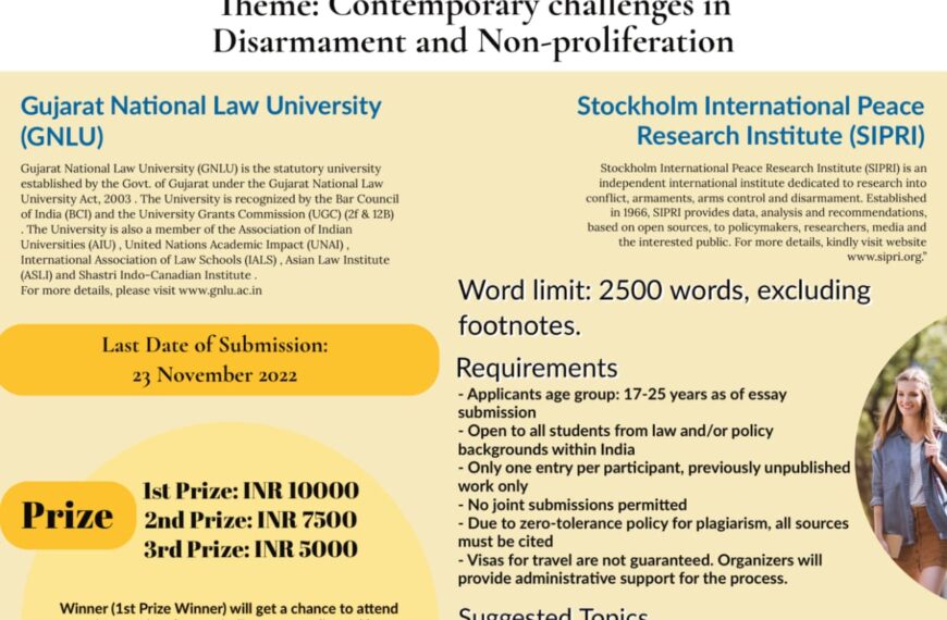 GNLU SIPRI International Essay Competition on Disarmament Law [Prizes Worth Upto Rs 10,000]: Submit by 23 Nov. 2022