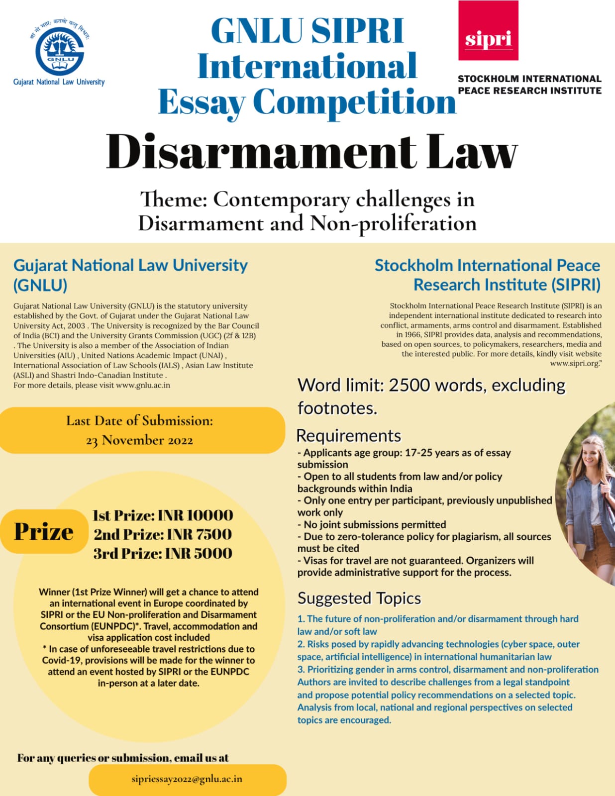 GNLU SIPRI International Essay Competition on Disarmament Law [Prizes Worth Upto Rs 10,000]: Submit by 23 Nov. 2022