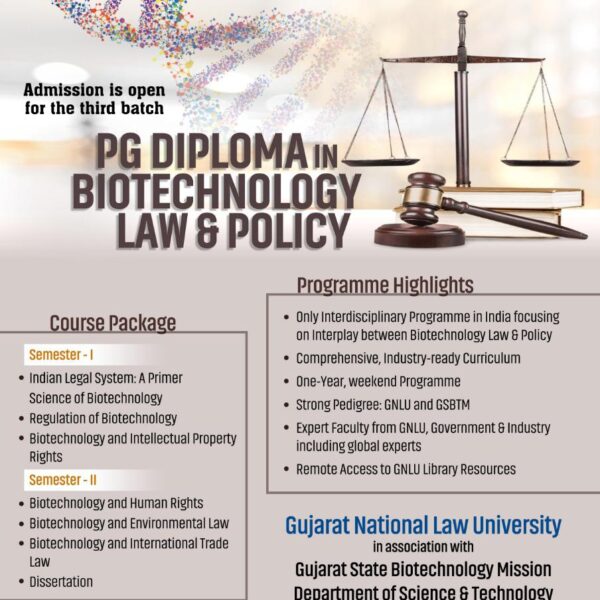 ADMISSION OPEN!! PG DIPLOMA IN BIOTECHNOLOGY: LAW AND POLICY AT GNLU from 7th January 2023