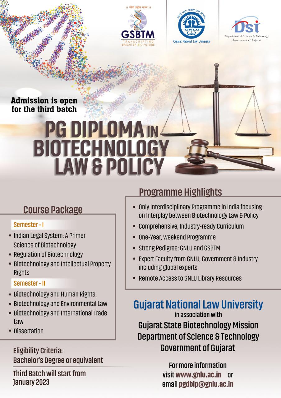 ADMISSION OPEN!! PG DIPLOMA IN BIOTECHNOLOGY: LAW AND POLICY AT GNLU from 7th January 2023