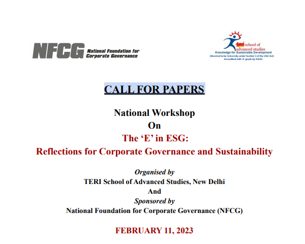 National Workshop on The ‘E’ in ESG: Reflections for Corporate Governance and Sustainability on 11 February, 2023