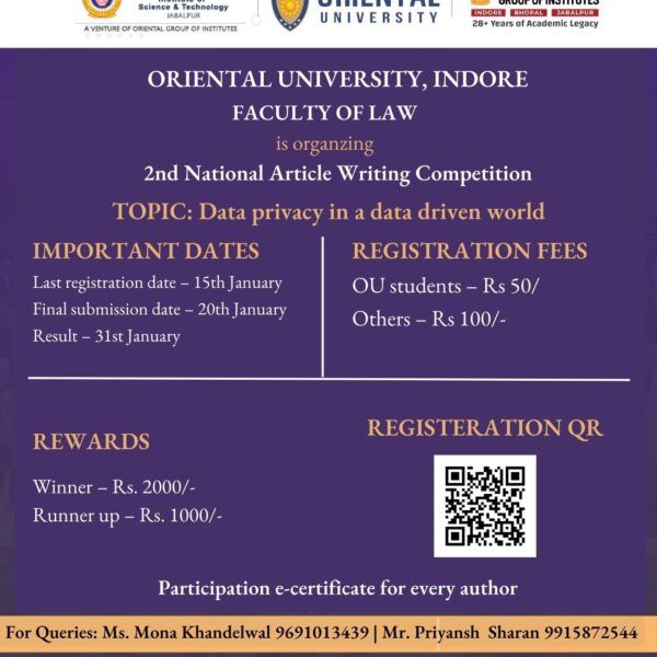 National Article Writing Competition Organised By Faculty of Law, Oriental University, Indore