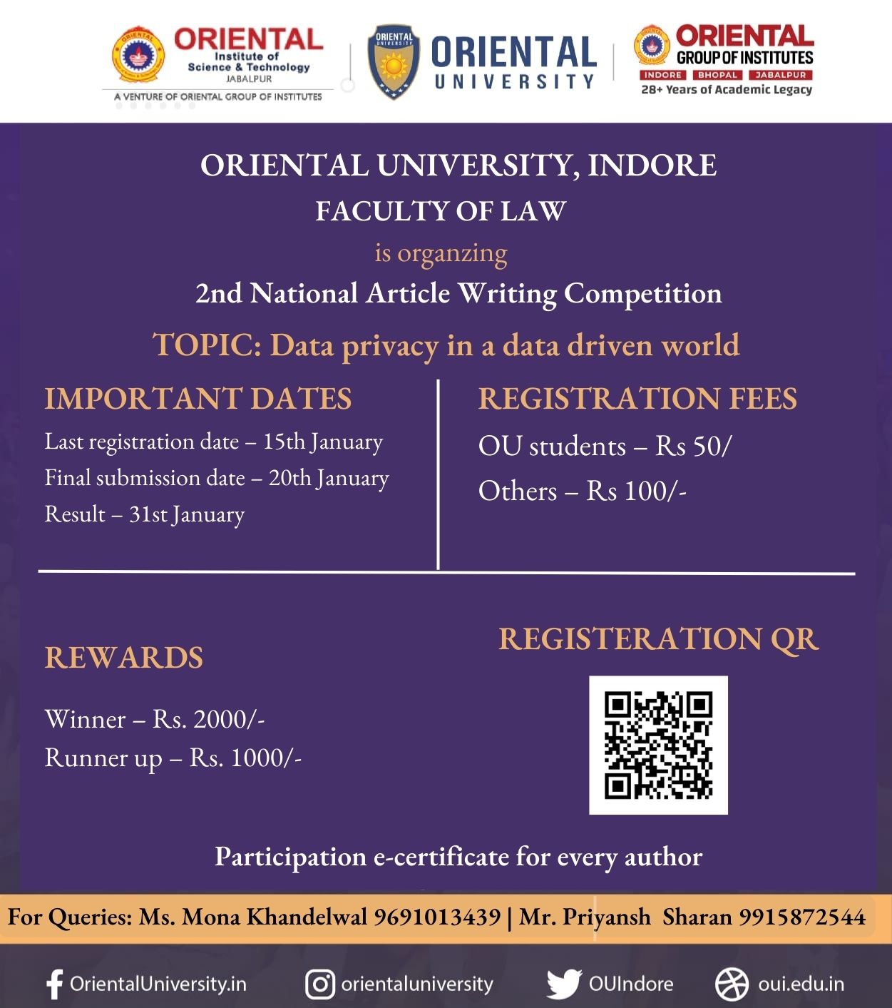 National Article Writing Competition Organised By Faculty of Law, Oriental University, Indore