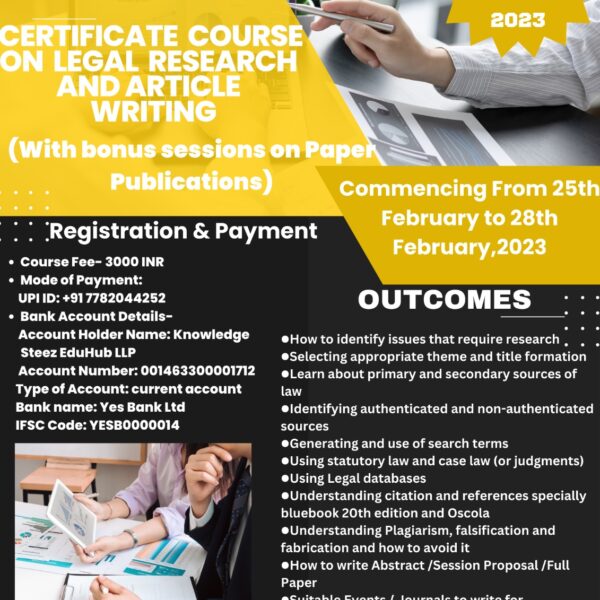 CERTIFICATE COURSE ON LEGAL RESEARCH AND ARTICLE WRITING BY KNOWLEDGE STEEZ