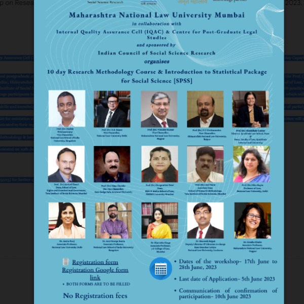 10-day Capacity Building cum Workshop on Research Methodology and Introduction to SPSS” at MNLU Mumbai| 17th to 28th June, 2023.
