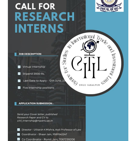 Applications for a research internship opportunity at DNLU, Jabalpur