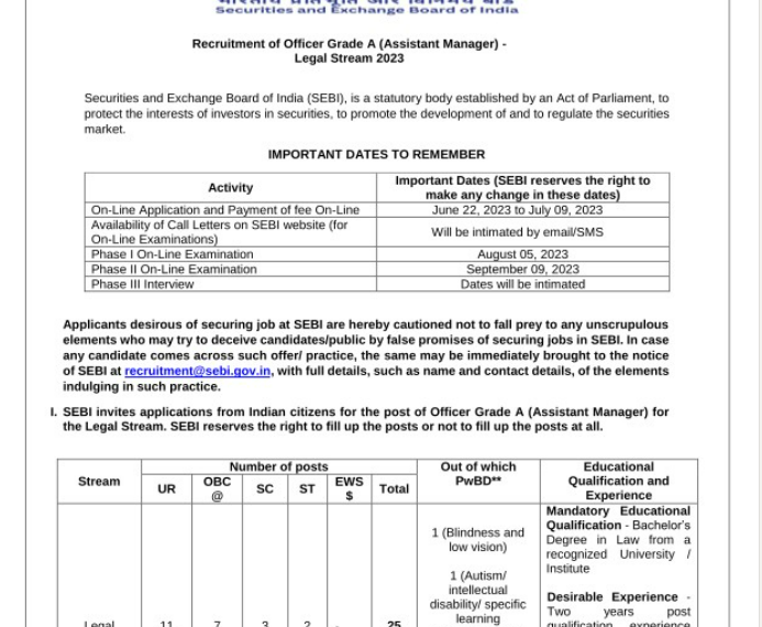 SEBI Grade A 2023 Legal Officer Recruitment Notification Out!