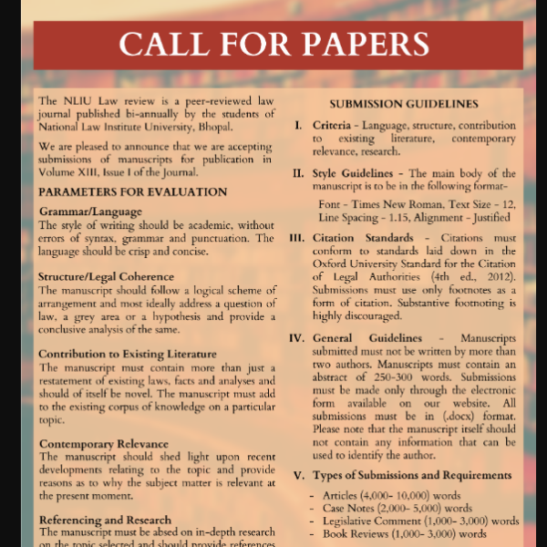 Call For Papers For Volume XIII Issue I Of The NLIU Law Review, National Law Institute University, Bhopal: Submit By 31st August 2023