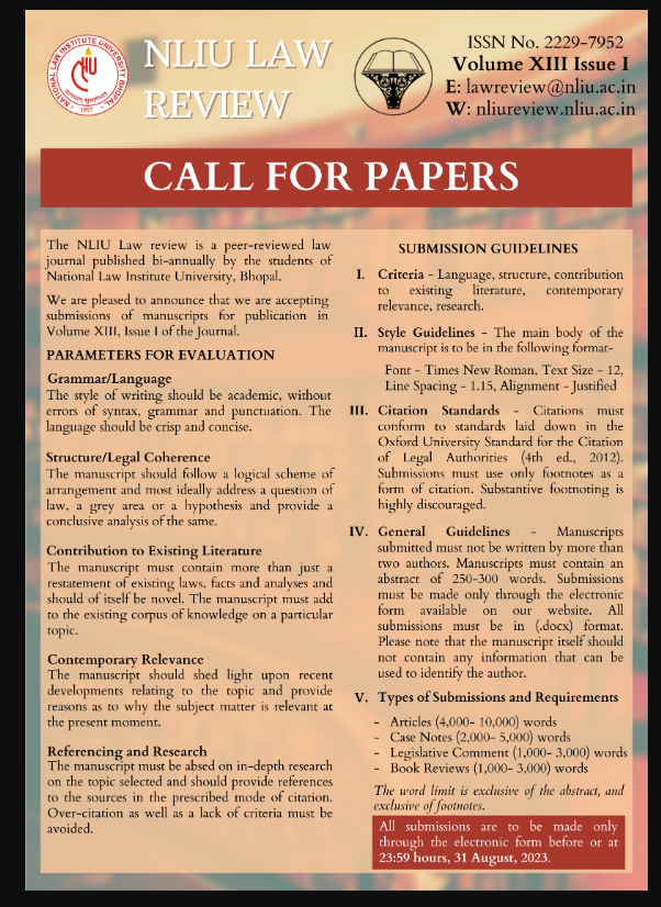 Call For Papers For Volume XIII Issue I Of The NLIU Law Review, National Law Institute University, Bhopal: Submit By 31st August 2023