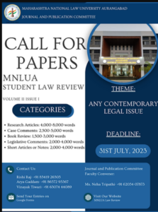 CALL FOR PAPERS STUDENT LAW REVIEW(SLR) VolumeII,IssueI(2023)! MNLUA STUDENT LAW REVIEW!