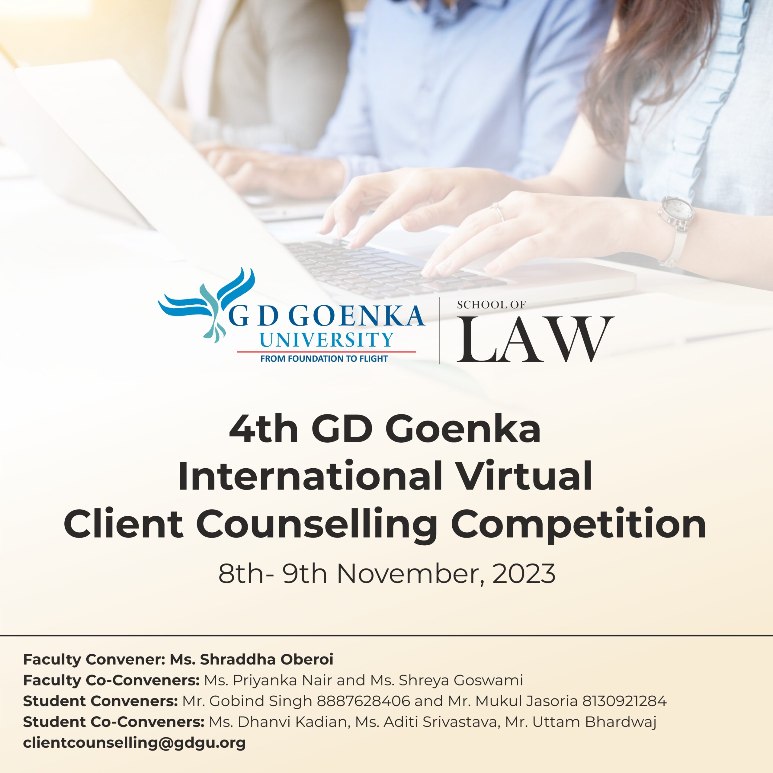 School of Law, GD Goenka University is organising “4th GD Goenka International Virtual Client Counselling Competition” from 8th-9th November, 2023!