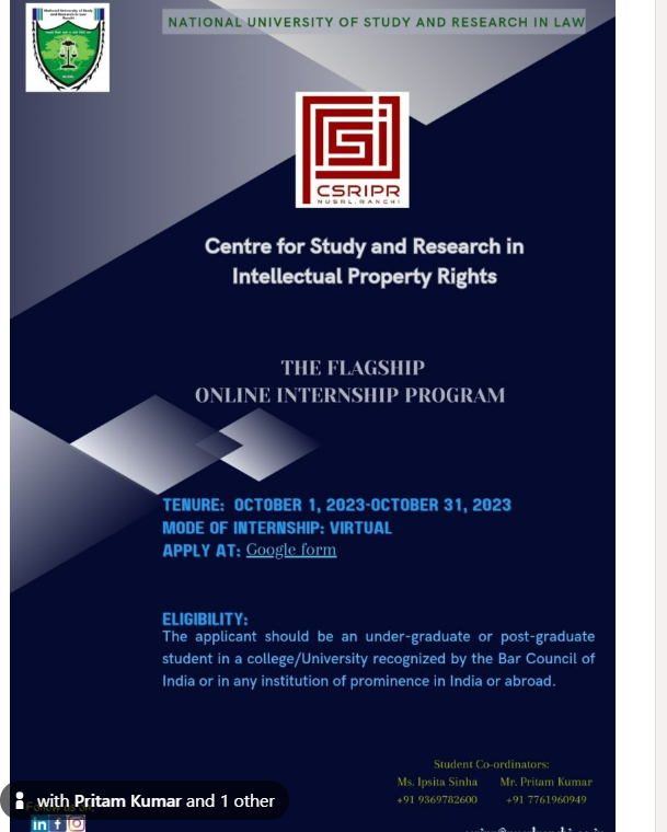 Online Internship Opportunity at Centre for Study and Research in Intellectual Property Rights (CSRIPR), NUSRL! Apply Now!